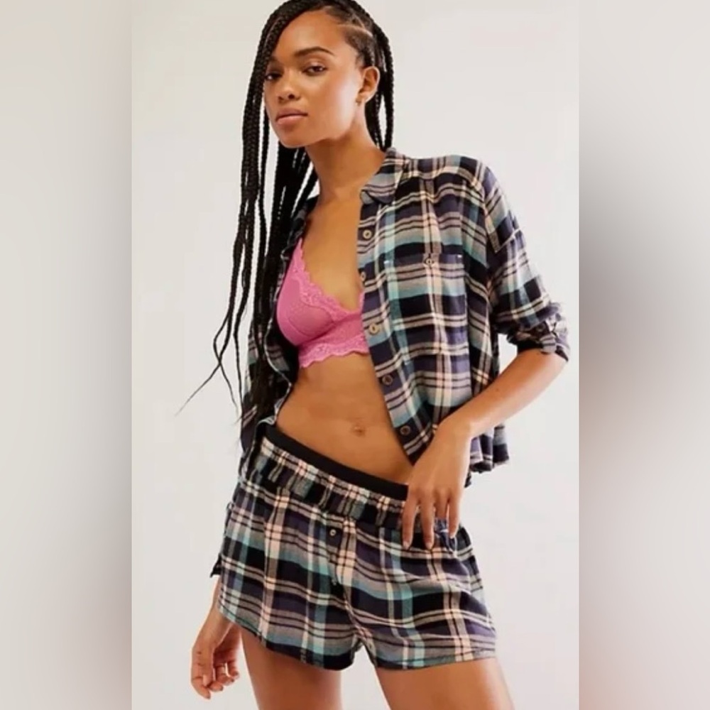 Free People flannel pajama set in orange and green combo only size small